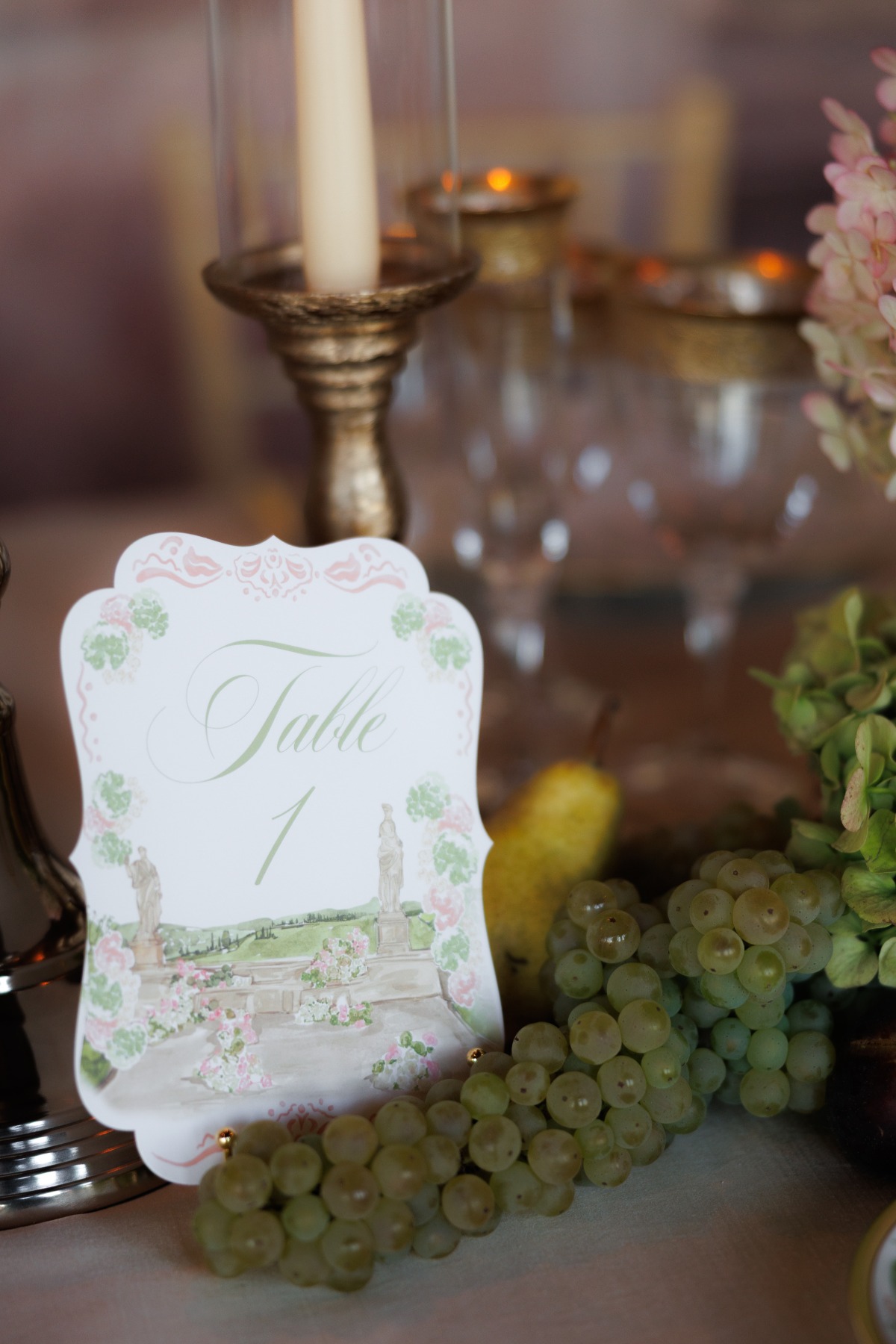 water color painted wedding table number with grapes