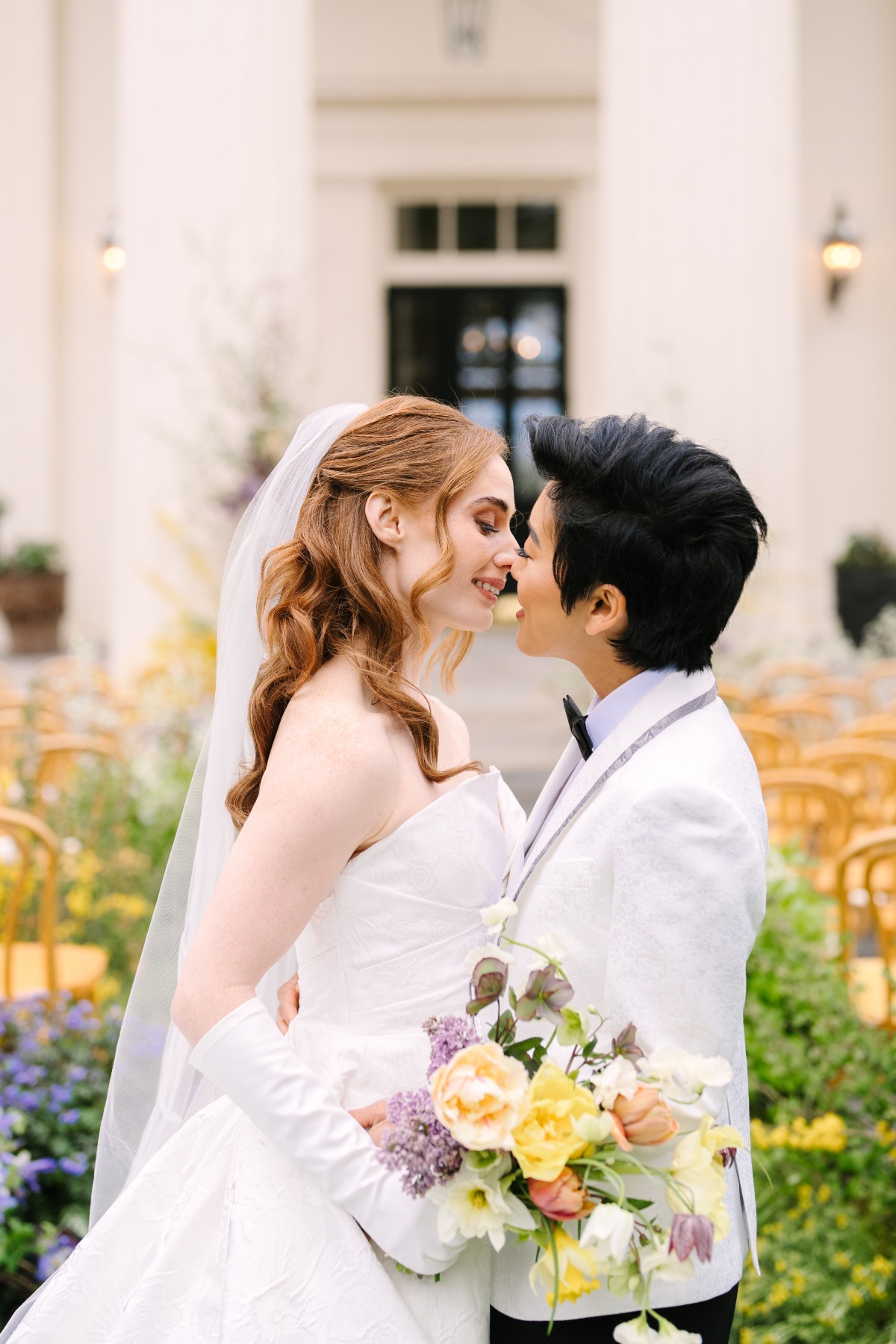 wedding couple about to kiss