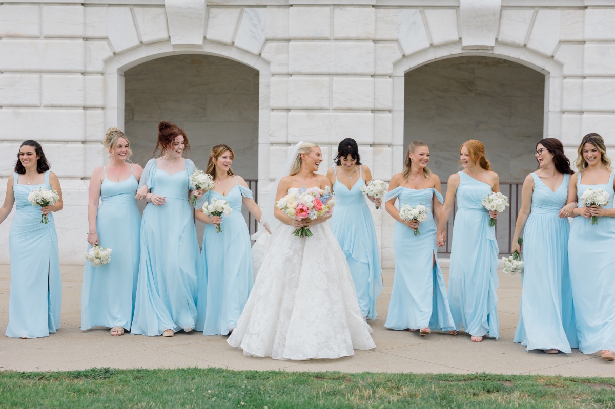 bright pastel blue bridesmaid dresses