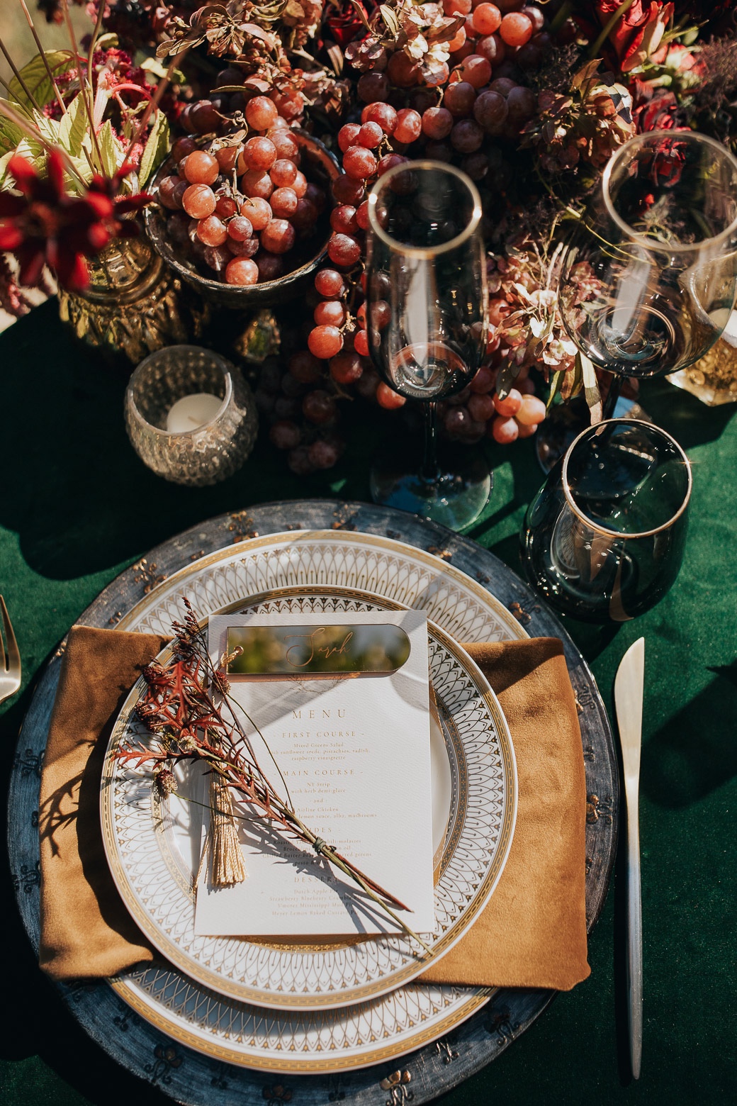 patterned place settings in blue and gold