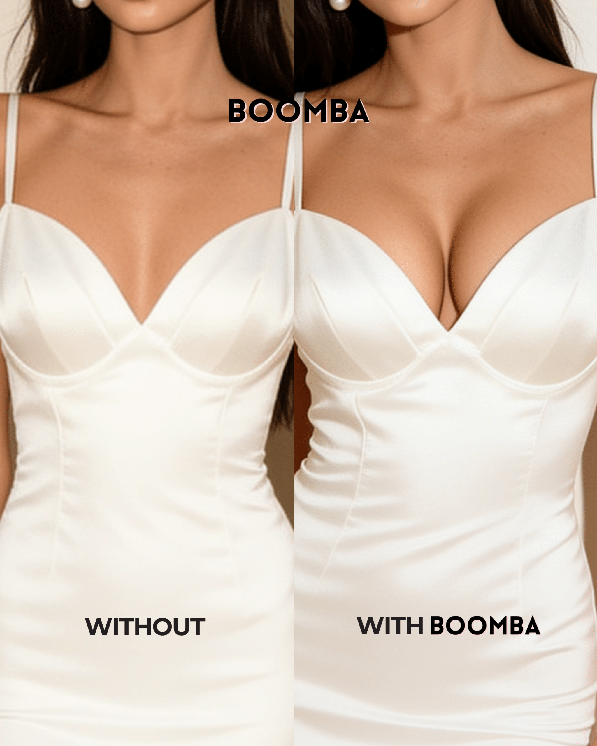 Before and after comparison showing how BOOMBA inserts fill out a wedding dress with a plunging neckline, eliminating cup gapping and providing natural lift.