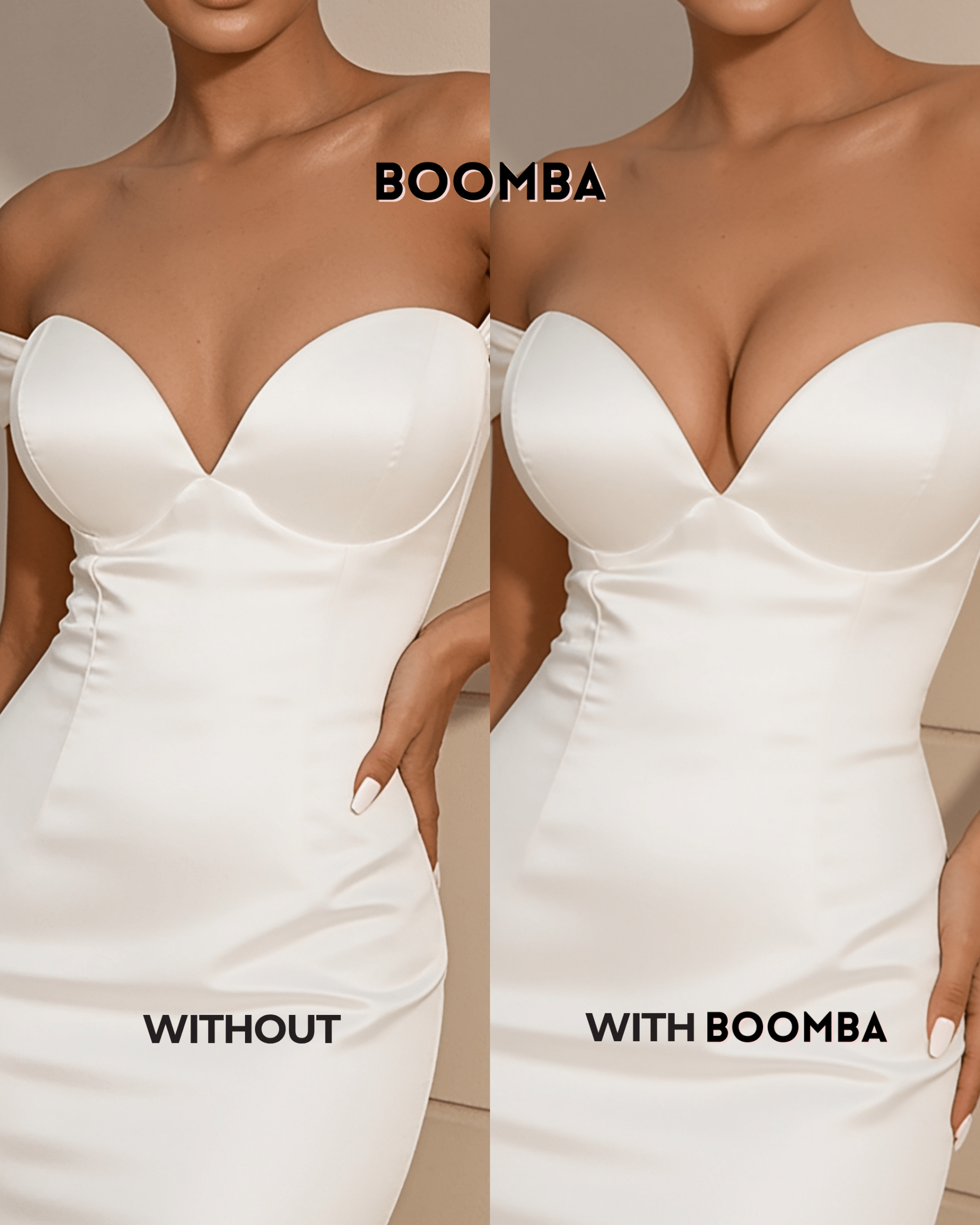 Before and after comparison showing how BOOMBA inserts provide natural lift when worn with a strapless gown.