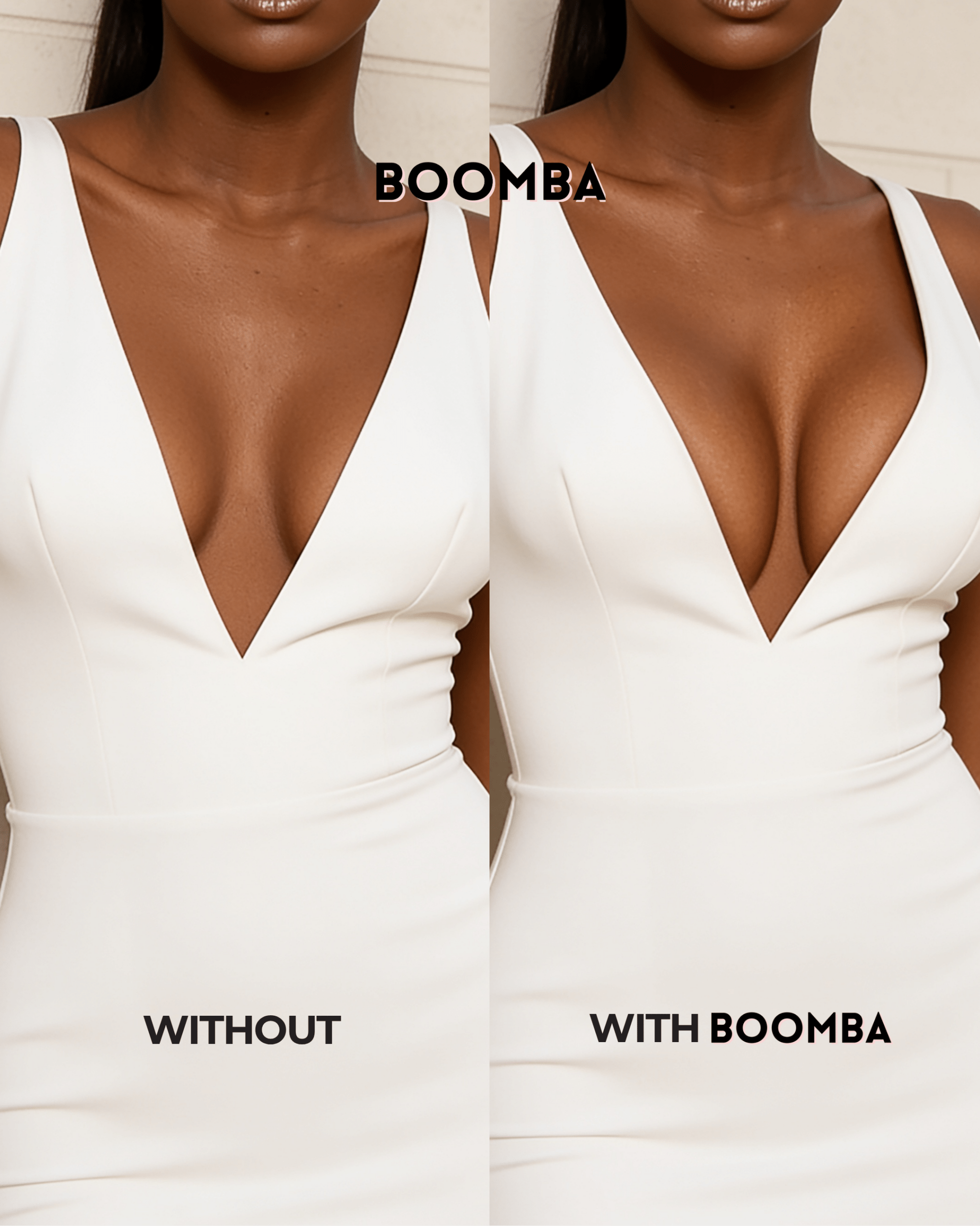 Before and after comparison showing how BOOMBA provide invisible support when worn with a plunging neckline.